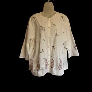 GORGEOUS    Susan Bristol White Cotton Top w/Floral Embroidery   LARGE   #I